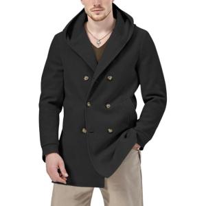 imagechouyatou Mens Hooded Wool Coat Double Breasted Trench Pea Coat Wool Blend Jacket with PocketsBlack