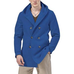 imagechouyatou Mens Hooded Wool Coat Double Breasted Trench Pea Coat Wool Blend Jacket with PocketsBlue