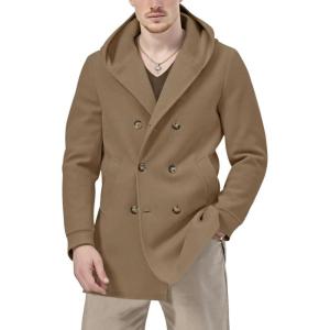 imagechouyatou Mens Hooded Wool Coat Double Breasted Trench Pea Coat Wool Blend Jacket with PocketsKhaki