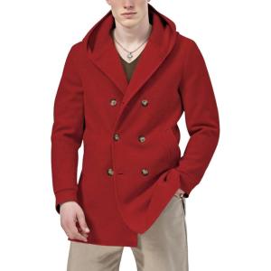 imagechouyatou Mens Hooded Wool Coat Double Breasted Trench Pea Coat Wool Blend Jacket with PocketsRed