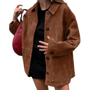 imagechouyatou Womens Fall Boyfriend Faux Suede Leather Jacket Casual Midi Long Button Down Shacket CoatBrown