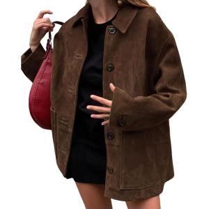 imagechouyatou Womens Fall Boyfriend Faux Suede Leather Jacket Casual Midi Long Button Down Shacket CoatCoffee