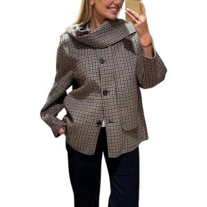 imagechouyatou Womens Vintage Plaid Wool Trench Coat with Scarf Casual Single Breasted Short Pea Coat OvercoatKhaki