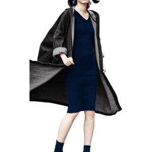 imagechouyatou Womens Casual Hooded Denim Jacket Open Front Loose Fit Boyfriend Jean Long Trench Coat with HoodBlack
