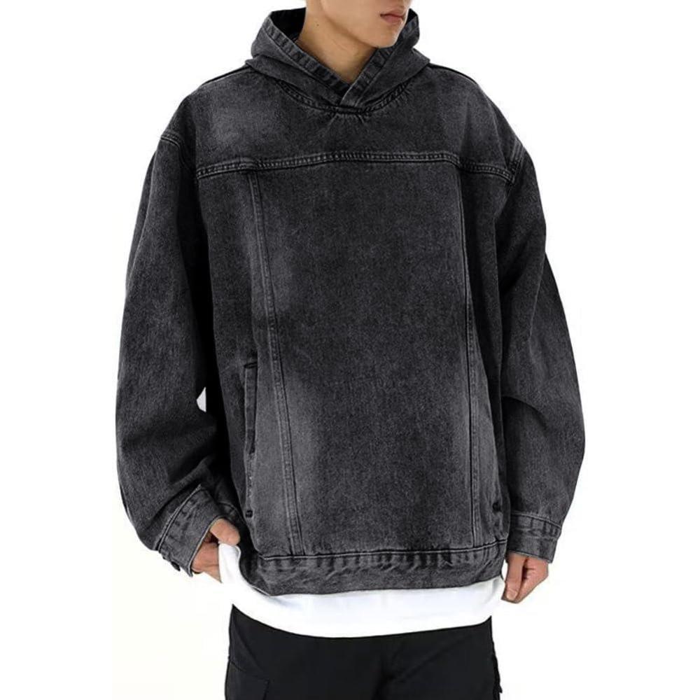 imagechouyatou Mens Casual Pullover Denim Jacket Vintage Distressed Jean Hoodie Jacket Oversized Sweatshirt TopsBlack