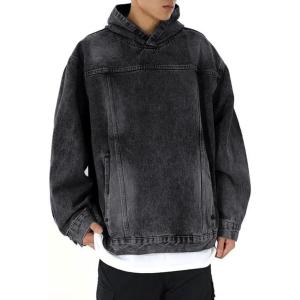 imagechouyatou Mens Casual Pullover Denim Jacket Vintage Distressed Jean Hoodie Jacket Oversized Sweatshirt TopsBlack