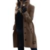 imagechouyatou Womens Single Breasted Stand Collar Wool Coat Business Casual Midi Long Winter Pea CoatKhaki