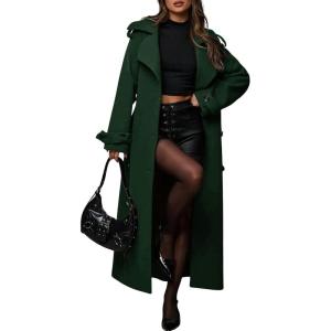 imageCHOUYATOU Womens Winter Double Breasted Midi Long Wool Coat Business Casual Notch Lapel Winter Trench Coat with BeltGreen