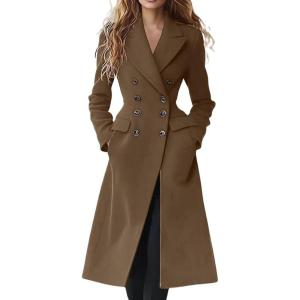 imagechouyatou Womens 2025 Fall Double Breasted Wool Coat Formal Work Dressy Midi Long Winter Pea CoatBrown