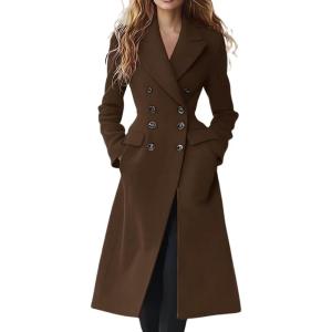 imagechouyatou Womens 2025 Fall Double Breasted Wool Coat Formal Work Dressy Midi Long Winter Pea CoatCoffee