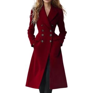 imagechouyatou Womens 2025 Fall Double Breasted Wool Coat Formal Work Dressy Midi Long Winter Pea CoatRed