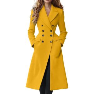 imagechouyatou Womens 2025 Fall Double Breasted Wool Coat Formal Work Dressy Midi Long Winter Pea CoatYellow
