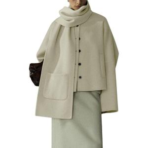 imagechouyatou Womens Casual Single Breasted Cropped Wool Coat Dressy Trench Pea Coat Short Wool Jacket with ScarfBeige White