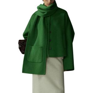 imagechouyatou Womens Casual Single Breasted Cropped Wool Coat Dressy Trench Pea Coat Short Wool Jacket with ScarfGreen