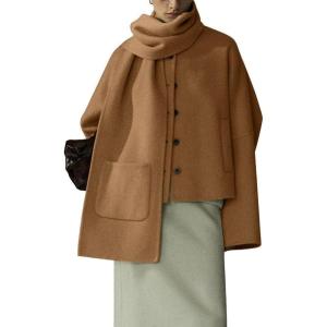 imagechouyatou Womens Casual Single Breasted Cropped Wool Coat Dressy Trench Pea Coat Short Wool Jacket with ScarfKhaki
