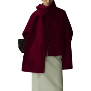 imagechouyatou Womens Casual Single Breasted Cropped Wool Coat Dressy Trench Pea Coat Short Wool Jacket with ScarfWine Red