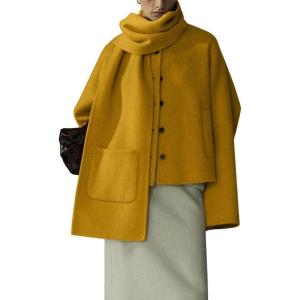 imagechouyatou Womens Casual Single Breasted Cropped Wool Coat Dressy Trench Pea Coat Short Wool Jacket with ScarfYellow