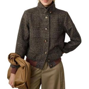 imagechouyatou Womens Fall Winter Plaid Wool Bomber Jacket Coat Stand Collar Boyfriend Cropped OuterwearCoffee