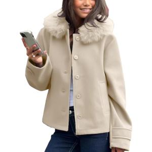 imagechouyatou Womens Fall Winter Short Wool Coat with Faux Fur Hood Single Breasted Casual Hooded Wool JacketApricot