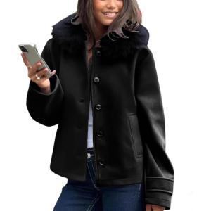 imagechouyatou Womens Fall Winter Short Wool Coat with Faux Fur Hood Single Breasted Casual Hooded Wool JacketBlack