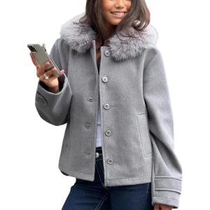 imagechouyatou Womens Fall Winter Short Wool Coat with Faux Fur Hood Single Breasted Casual Hooded Wool JacketGrey