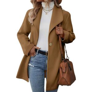 imagechouyatou Womens Shawl Collar Wool Trench Coat Single Breasted Dressy Blazer Peacoat Jacket OvercoatKhaki