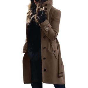 imagechouyatou Womens Single Breasted Stand Collar Wool Coat Business Casual Midi Long Winter Pea CoatKhaki