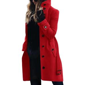 imagechouyatou Womens Single Breasted Stand Collar Wool Coat Business Casual Midi Long Winter Pea CoatRed