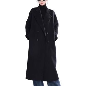 imagechouyatou Womens Winter Double Breasted Long Wool Coat Notched Lapel Casual Dressy Trench Pea Coat OvercoatBlack