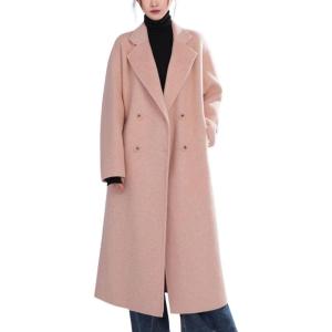 imagechouyatou Womens Winter Double Breasted Long Wool Coat Notched Lapel Casual Dressy Trench Pea Coat OvercoatPink