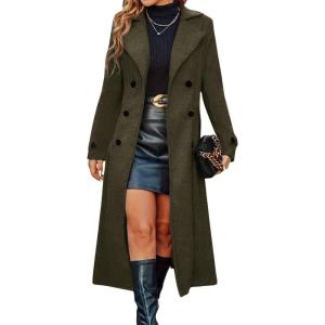 imagechouyatou Womens Winter Double Breasted Wool Coat Business Casual Long Sleeve Midi Long Winter Pea CoatArmy Green