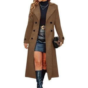 imagechouyatou Womens Winter Double Breasted Wool Coat Business Casual Long Sleeve Midi Long Winter Pea CoatBrown
