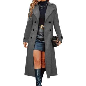 imagechouyatou Womens Winter Double Breasted Wool Coat Business Casual Long Sleeve Midi Long Winter Pea CoatGrey