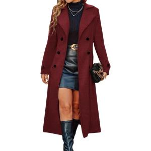 imagechouyatou Womens Winter Double Breasted Wool Coat Business Casual Long Sleeve Midi Long Winter Pea CoatRed