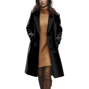 imagechouyatou Womens Winter Notch Collar Wool Coat Single Breasted Midi Long Wool Blend Trench Coat OvercoatBlack