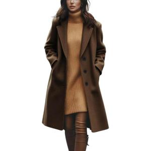 imagechouyatou Womens Winter Notch Collar Wool Coat Single Breasted Midi Long Wool Blend Trench Coat OvercoatCoffee