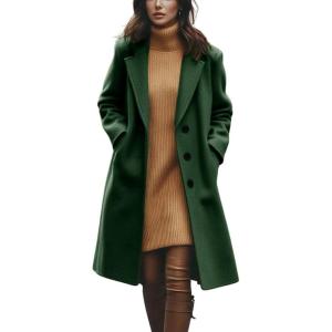 imagechouyatou Womens Winter Notch Collar Wool Coat Single Breasted Midi Long Wool Blend Trench Coat OvercoatGreen