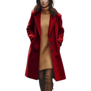 imagechouyatou Womens Winter Notch Collar Wool Coat Single Breasted Midi Long Wool Blend Trench Coat OvercoatRed
