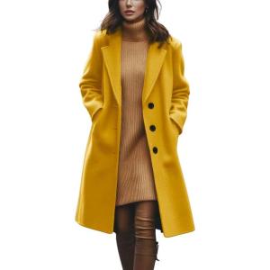 imagechouyatou Womens Winter Notch Collar Wool Coat Single Breasted Midi Long Wool Blend Trench Coat OvercoatYellow