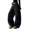 imagechouyatou Women Winter Warm Cotton Padded Pants Elastic Waist Baggy Wide Leg Quilted Pants Trousers with PocketsBlack