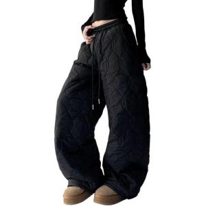 imagechouyatou Women Winter Warm Cotton Padded Pants Elastic Waist Baggy Wide Leg Quilted Pants Trousers with PocketsBlack