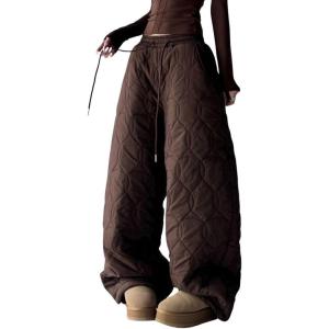 imagechouyatou Women Winter Warm Cotton Padded Pants Elastic Waist Baggy Wide Leg Quilted Pants Trousers with PocketsCoffee