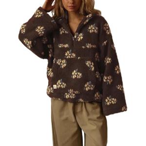 imagechouyatou Womens Fall Cute Floral Faux Fur Pullover Fleece Sweatshirt Y2k Casual Zip Up Winter Sherpa JacketCoffee
