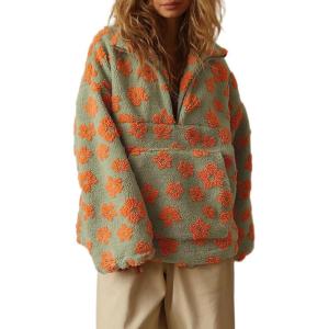 imagechouyatou Womens Fall Cute Floral Faux Fur Pullover Fleece Sweatshirt Y2k Casual Zip Up Winter Sherpa JacketGreen Orange