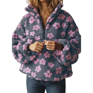 imagechouyatou Womens Fall Cute Floral Faux Fur Pullover Fleece Sweatshirt Y2k Casual Zip Up Winter Sherpa JacketGrey Pink
