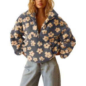 imagechouyatou Womens Fall Cute Floral Faux Fur Pullover Fleece Sweatshirt Y2k Casual Zip Up Winter Sherpa JacketGrey Yellow