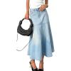 imagechouyatou Womens Elegant ALine Pleated Jean Skirt Western Distressed Midi Long Fishtail Denim SkirtLight Blue