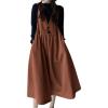 imagechouyatou Womens Elegant Sleeveless Corduroy Jumper Dress Flare Midi Long Overall Dress with PocketsBrown