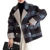 imagechouyatou Womens Plaid Notch Lapel Wool Coat Loose Dressy Work Blazer Jacket Double Breasted Pea CoatBlue