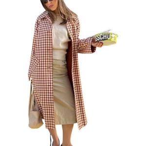 imageCHOUYATOU Womens 2025 Fall Plaid Long Trench Coat Single Breasted Casual Barn Jacket Outerwear OvercoatCaramel